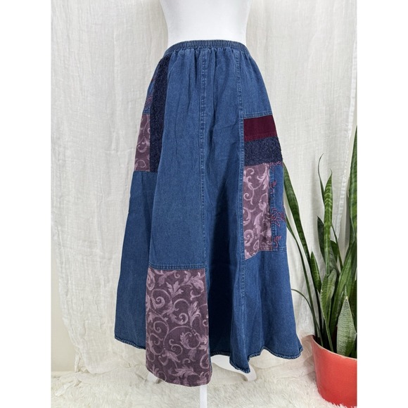 Marsha Sport Dresses & Skirts - Denim Patchwork Midi Skirt M Cottage Boho Hippie Indie Granny Peasant Vtg 90s